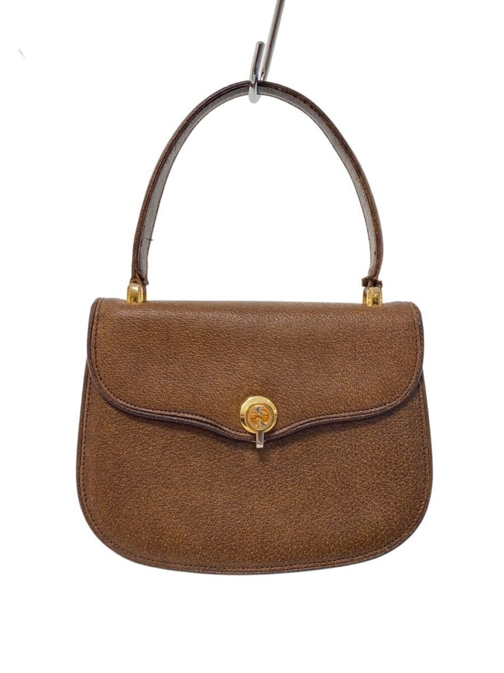 Gucci brown leather top handle bag flap interlocking circular twistlock